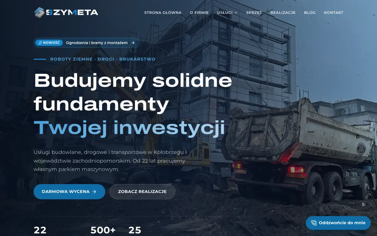Strona internetowa firmy budowlanej SZYMETA z Kołobrzegu